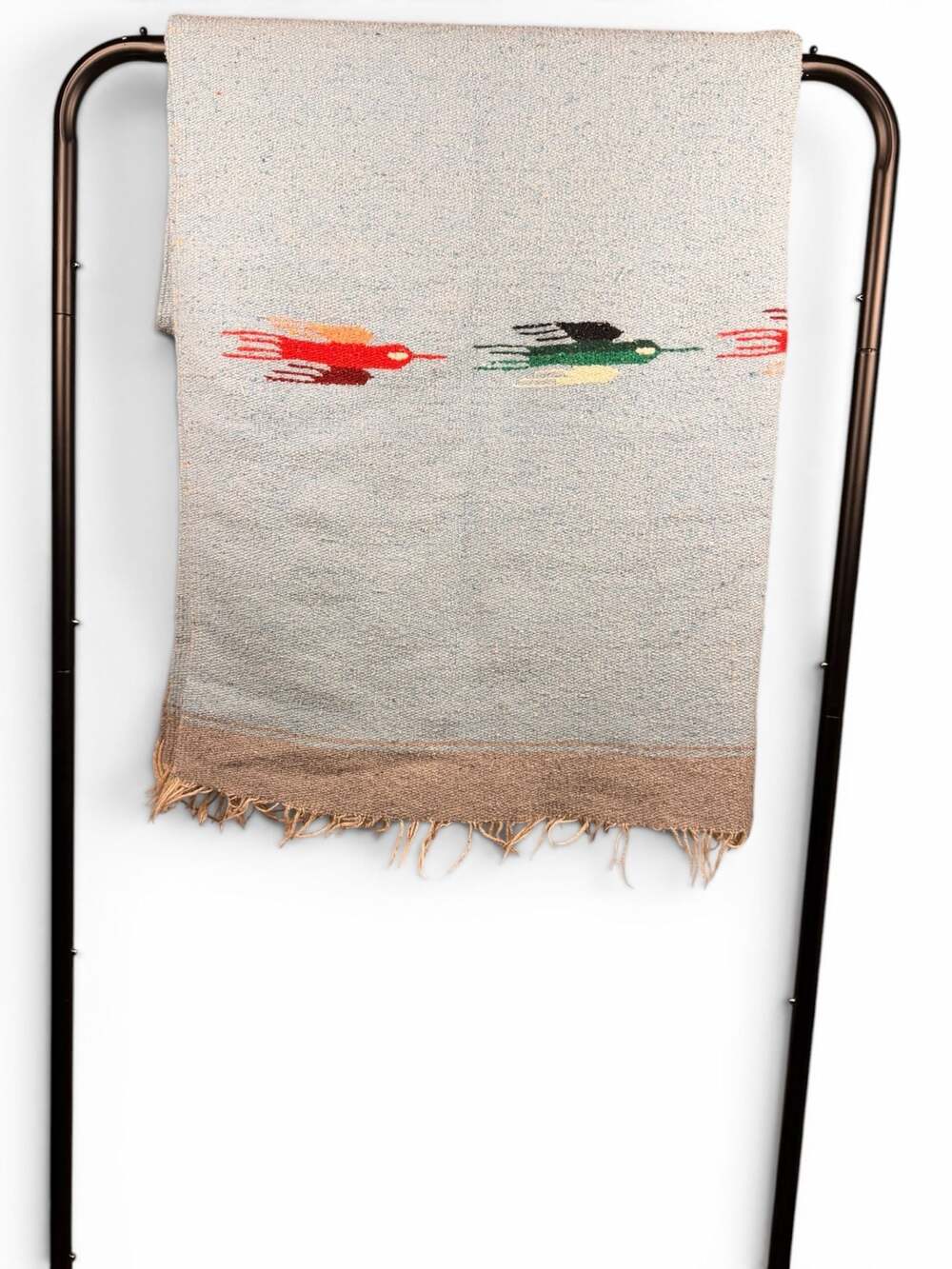Vintage Mexican Woven Hummingbird Throw Blanket Rug with Fringe